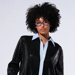 TRUE STORY SEQUIN BUTTON DOWN BLOUSE